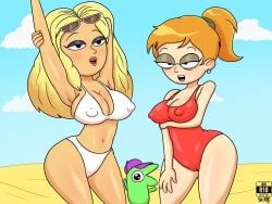 2girls adult_swim beach bikini cap earrings glep_(smiling_friends) light-skinned_female light_skin looking_at_viewer marge_simpson_(smiling_friends) oiled_body orange_hair smiling_friends sr_r18nsfw sunglasses sunglasses_on_head sunlight swimsuit zoey_(smiling_friends)