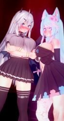 2girls 3d belly big_breasts blue_hair blush bracelet bracelets breasts clothing collar crossed_arms deluxe_rosie demon_girl demon_horns elbow_gloves embarrassed female female_only fingerless_gloves flower flower_in_hair fully_clothed gloves indie_virtual_youtuber long_hair looking_at_viewer looking_down miniskirt multicolored_hair pointy_ears silvervale skirt standing stomach succubus thighhighs thighs tight_clothing veibae virtual_youtuber white_hair wings wolf_ears wolf_girl