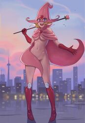 1girls blonde_hair breasts cape covering covering_breasts covering_crotch dororon_enma-kun enbi-chan female female_only gloves hat high_heel_boots high_heels large_breasts miya_artt naked_boots naked_cape naked_footwear naked_gloves naked_hat navel nude nude_female pink_cape pink_hat purple_eyes red_gloves red_high_heels short_hair short_hair_female solo staff witch witch_hat