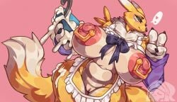 anthro apron apron_only apron_open areola bandai_namco big_breasts black_nose breasts cheek_tuft chest_tuft curvy_figure digimon digimon_(species) eyebrows eyelashes eyeshadow facial_tuft female frown fur genitals hi_res huge_breasts lari.ros looking_at_viewer maid makeup multicolored_body nipple_piercing nipples nude peace_sign piercing pink_areola pink_eyes pink_nipples pussy renamon smile solo thick_thighs tuft two_tone_body v voluptuous white_body white_fur wide_hips yellow_body yellow_fur