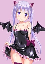 black_dress clothing collarbone demon_girl demon_horns demon_wings demoness dress dress_lift female fully_clothed horns long_hair looking_at_viewer new_game! perky_nipples petite petite_body petite_breasts petite_female purple_eyes purple_hair shiny_clothes simple_background smile solo standing succubus suzukaze_aoba wings young_looking_female