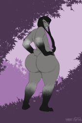 abstract_background absurd_res ambiguous_gender anthro ass big_butt biped black_body black_fur black_hair bubble_butt buckteeth floppy_ears fur grape_shifter grey_body grey_fur hair hands_on_hips hi_res lagomorph leporid long_ears looking_at_viewer looking_away looking_back mammal nude presenting presenting_hindquarters purple_eyes rabbit rear_view short_tail smile solo standing tail teeth