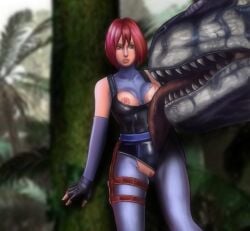 allosaurid allosaurus breasts capcom clothing dino_crisis dinosaur extinct female forest genitals gloves hair handwear human human_focus licking mammal plant prehistoric_species pussy red_hair regina_(dino_crisis) reptile scalie tongue torn_clothing tree yuya73 zoophilia