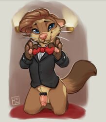 balls barnaby_kane bedroom_eyes bottomless bow_tie butler clothed clothing cock_ring ferret flaccid half-closed_eyes happy kneeling male male_only mammal mustelid naughty_face partially_clothed penis pink_nose pinup pose red_carpet reign-2004 seductive solo suit whiskers