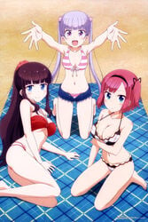 3girls :d arms_up bare_legs bikini blue_eyes breasts clothing female female_only hair_ornament hair_ribbon kneeling large_breasts long_hair looking_at_viewer lying medium_breasts mochizuki_momiji multiple_girls new_game! on_side open_mouth open_pants outdoors pink_hair ponytail purple_hair ribbon sand short_hair short_shorts shorts sitting smile suzukaze_aoba swimsuit takimoto_hifumi twintails under_boob