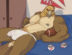 1boy abs american_football anthro areolae avian balls beak beer_can biceps bird brown_feathers bulge clothing eagle erection erection_under_clothes falcon_mccooper feathers jockstrap large_penis looking_at_viewer lying male male_only muscular nipple_pinch nipples pecs penis penis_under_clothes pinch see-through see-through_underwear solo sport tenting topless underwear unknown_character