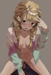 1boy absurdres belt black_pants blonde_hair blunt_bangs blush braid breasts clothed_male_nude_female commentary_request cowgirl_position erection female female_pubic_hair fujita_kotone gakuen_idolmaster grey_background hand_up highres idolmaster jacket long_hair midriff navel nose_blush nude open_clothes open_jacket open_mouth pants penis pubic_hair sex shimkarom simple_background small_breasts stomach straddling thighs tongue twin_braids twintails v vaginal_penetration yellow_eyes