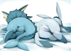 2girls anus ass bed canine censored colored duo eeveelution female fur furry glaceon kimubota lying mammal multicolored_fur nintendo on_side paws pokémon_(species) pokemon pokemon_(species) pokemon_dppt presenting pussy pussy_juice resting scalie simple_background sweat vaporeon video_games white_background