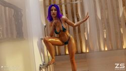 1girls 3d 3d_model 3d_render 3dcg 3dx bathroom bikini blender_(software) blender_cycles female female_only looking_at_viewer purple_hair sasha_banks solo sweat sweaty_body violet_hair wwe wwe_diva wwe_divas zodros