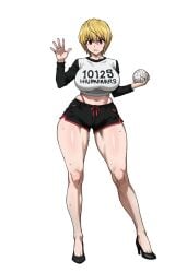 1femboy absurdres ai_generated alternate_costume booty_shorts feminine_body front_view full_body hi_res high_heels hourglass_figure hunter_x_hunter kurapika long_legs medium_breasts perfect_body portrait shirt slim_waist tall thick_thighs wide_hips