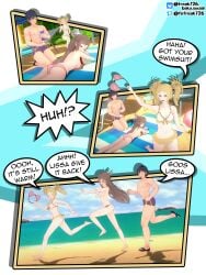 >_< 1boy 2girls 3koma alternate_costume applying_sunscreen ass assisted_exposure bare_arms bare_legs bare_thighs beach beach_chair big_ass bikini blonde_hair blue_eyes blue_hair blush breast_press breasts brown_eyes brown_hair chasing chaur chrom_(fire_emblem) comic covering covering_breasts embarrassed english_text feather_hair_ornament feathers fefreak726 female female_pervert fire_emblem fire_emblem_awakening hair_ornament humiliation kneeling legs lissa_(fire_emblem) long_hair lotion male male_swimwear medium_breasts medium_hair multiple_girls nintendo ocean on_stomach on_towel open_mouth outdoors parasol pervert pillow pink_bikini pink_swimsuit running shocked short_hair small_breasts smile stealing stealing_clothes sumia_(fire_emblem) sunscreen swim_trunks swimsuit text thighs topless towel twintails very_long_hair white_bikini white_swimsuit wide_eyed yellow_bikini yellow_hair yellow_swimsuit