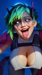 1girl 1girls 3d 3d_(artwork) 3d_render ahe_gao ahegao ai ai_generated ai_upscaled alter alter_(apex_legends) apex_legends bending_over bent_over big_breasts black_facepaint black_sclera bodysuit breast_bulge breasts_bigger_than_head breasts_out bulging_breasts bursting_breasts cleavage deep_cleavage evil_smile eye_roll eyes_rolling_back eyeshadow facepaint female gloves green_hair hair_ornament hanging_breasts harness hi_res high_quality high_resolution highres horn horns huge_boobs huge_breasts large_breasts leaned_forward leaning_forward looking_at_viewer low_ponytail makeup night night_sky nipple_bulge open_mouth pink_tail pokies poking_out puffy_areola puffy_nipples rolling_eyes round_breasts short_hair shoulder_pads slim_waist smile solo stable_diffusion star starry_background starry_sky tan-skinned_female tan_line tan_lines tan_skin tanline tanned tanned_skin tongue tongue_out white_clothing white_eyes