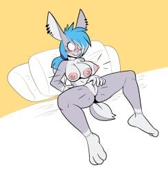 2024 3_breasts absurd_res anthro bed blue_eyes blush breast_growth breast_growth_(development) breasts digital_media_(artwork) ear_piercing feet female fur furniture grey_body grey_fur hair hi_res izzy_skye lagomorph leporid lettuce_(artist) mammal masturbation multi_breast nipples nude on_bed piercing pillow ponytail pussy rabbit simple_background solo spread_legs spreading tail vaginal_masturbation vaginal_penetration yellow_background