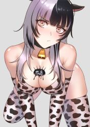 big_breasts black_hair breasts cipher4109 cleavage cow_print cow_print_armwear cow_print_thighhighs detached_sleeves hololive hololive_english hololive_english_-advent- light-skinned_female light_skin pout shiori_novella split-color_hair thighhighs virtual_youtuber white_hair yellow_eyes