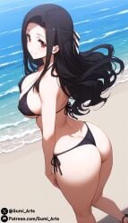 ai_generated ass beach bikini black_hair blush cleavage covered_nipples from_above gumi_arts hair_ornament large_breasts long_hair looking_at_viewer looking_back mahouka_koukou_no_rettousei ocean red_eyes saegusa_mayumi smile stable_diffusion thick_thighs wide_hips