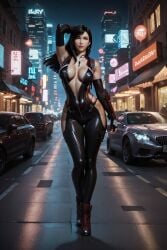 1girls ai_generated bodysuit cosplay cyberpunk_background eve_(stellar_blade)_(cosplay) female final_fantasy_vii full_body public rekcah_mhf revealing_clothes sideless_outfit stellar_blade street tifa_lockhart zipper