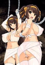 arms_behind_back arms_up bondage breasts brown_hair chains collar defiant elbow_gloves haruhisky leash multiple_angles nipples nipples_visible_through_clothing open_mouth see-through_clothing see-through_top skimpy_clothes suzumiya_haruhi suzumiya_haruhi_no_yuuutsu sweatdrop tagme thighhighs