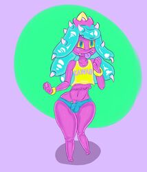 1boy anthro barefoot big_ass blue_eyes bulge clothing colored denim_shorts fangs feet girly jmf32 male_only mareanie nintendo pokémon_(species) pokemon pokemon_sm purple_skin shirt shorts solo spikes standing tank_top text thick_thighs tongue video_games wide_hips yellow_sclera