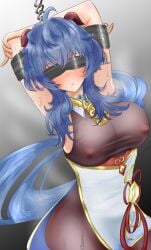 1girls arms_up artist_request blindfold blue_hair blush bodysuit bondage breasts chains ganyu_(genshin_impact) genshin_impact horn medium_breasts nipples solo solo_female solo_focus