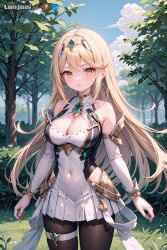 1girls ai_generated black_pantyhose blonde_hair blush choker cleavage core_crystal curvy cute dress earrings eyebrows_visible_through_hair female female_only front_view gloves hair_between_eyes highres indoors large_breasts light-skinned_female light_skin long_hair looking_at_viewer lunjuni mythra navel room solo stable_diffusion standing tagme thick_thighs tiara very_long_hair voluptuous watermark white xenoblade_(series) xenoblade_chronicles_2 yellow_eyes