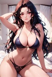 1girls ai_generated arm_support bangs bed bedroom big_breasts black_bra black_hair black_panties blush blush_lines bra breasts_bigger_than_head child_bearing_hips cleavage coat embarrassed facing_viewer female female_only front_view huge_breasts indoors kurenai_yuhi large_breasts legs_together light-skinned_female light_skin lingerie looking_at_viewer mature mature_female mature_woman midriff milf monarque65 nai_diffusion naruto naruto_(series) naruto_shippuden on_bed panties pose posing presenting presenting_self red_eyes sagging_breasts shoulder_length_hair sitting sitting_on_bed solo solo_focus stable_diffusion underwear underwear_only wide_hips yuuhi_kurenai