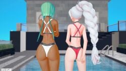 2girls arrancon dark-skinned_female emerald_sustrai female female_only green_hair koikatsu light_skinned_female multiple_girls rwby swimsuit weiss_schnee white_hair