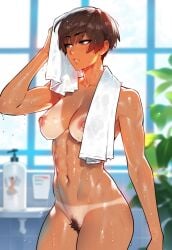 1girls ai_generated bathroom blurry_background breasts brown_eyes brown_hair female female_only fit_female jagat_ai looking_away looking_to_the_side muscular muscular_female nipples novelai original original_character parted_lips pubic_hair short_hair tanline tanned tanned_female tanned_skin thiccwithaq_(ai_style) tomboy toned toned_female towel towel_around_neck water_drop wet wet_body