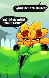 anus anus_peek big_areola big_breasts breasts_out dark_eyes eyelashes green_skin mckeyes outside pasties plant plant_girl plants_vs_zombies plants_vs_zombies:_heroes pussy solar_flare_(pvz) spread_legs sunflower_(pvz) text thick_thighs