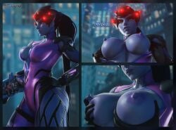 1girls 3d 3d_(artwork) absurd_res blender blender_(software) blizzard_entertainment blue_body blurry_background breast_grab breast_play breasts breasts_out collage female female_focus female_only flashing flashing_breasts hasfeldt hi_res highres jumpsuit latex nipple_play orange_eyes overwatch overwatch_2 playing_with_nipple side_view watermark widowmaker worm's-eye_view