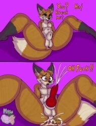 animal_genitalia anthro anthro_only balls bodily_fluids breaking canid canine cum cum_in_ass cum_inside cumshot ejaculation femboy fox foxy_vir genital_fluids genitals hi_res instant_loss_2koma male male_only mammal mitsuthesune penis red_fox sheath solo text true_fox