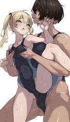 1futa 1girls big_breasts blonde_hair blue_eyes breasts brown_hair bulge carrying carrying_person clothed clothing competition_school_swimsuit dark-skinned_futanari dark_skin dickgirl dry_humping duo female fully_clothed futa_on_female futa_with_female futanari gym_uniform height_difference highres human humping implied_futanari kei_(m_k) large_breasts light-skinned_female light_skin long_hair m_k multiple_girls original red_eyes rika_(m_k) school_swimsuit short_hair simple_background size_difference standing sweat swimsuit tall tall_female tan tomboy