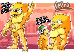 abs absurd_res accipitrid accipitriform animal_humanoid anthro aroused avian avian_humanoid balls beak bird bird_humanoid bulge digital_drawing_(artwork) digital_media_(artwork) duo embarrassed erection fan_character fur gay genitals hammer_bros. hi_res humanoid koopa male male/male mario_(series) muscular muscular_male nintendo nude paper_mario penis rawk_hawk reptile reptile_humanoid rivalry rivals scalie scalie_humanoid simple_background size_difference tail text torito_moo