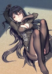 after_sex arm_up black_gloves black_hair black_legwear breasts cleavage cum cumdrip facial female gloves hair_between_eyes highres jidong_zhandui knees_up long_hair looking_at_viewer lying medium_breasts mole mole_on_breast oboro_(jidong_zhandui) on_back pantyhose parted_lips red_eyes solo tokinohimitsu torn_clothes torn_pantyhose very_long_hair