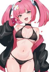 :3 :3d bandaid bikini blush coral_(pokemon) cute_fang explorers_(pokemon) female pink_hair pokemon pokemon_horizons rotom_phone twintails