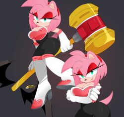 1girls amy_rose amy_the_bat big_boobs big_breasts bodysuit boobs boots breasts busty busty_female diadem gloves green_eyes honysoup neckline piko_piko_hammer pink_fur red_eyeshadow rouge_the_bat_(cosplay) seductive sega smile sonic_(series) sonic_the_hedgehog_(series) spandex_suit tail thick_thighs tight_clothing