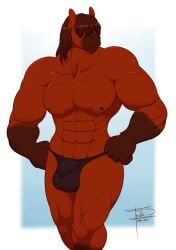 abs anthro bottomwear brown_hair bulge cayenne_(freckles) clothed clothing digital_media_(artwork) equid equine freckles_(artist) fur hair hands_on_hips horse long_hair male male_only mammal multicolored_body multicolored_fur muscular muscular_anthro muscular_male nipples pecs red_body red_fur simple_background solo standing tail text thong underwear