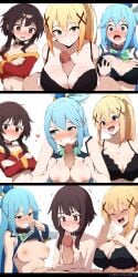 1boy 3girls ai_generated aqua_(konosuba) bangs bare_shoulders between_breasts black_bra black_clothes black_hair black_underwear blonde_hair blue_eyes blue_hair blush bra bra_lift breast_envy breast_grab breast_press breasts brown_eyes brown_hair choker cleavage clothes_lift clothing cuckquean darkness_(konosuba) dress female grin groping hair_ornament hair_rings hairclip heart kono_subarashii_sekai_ni_shukufuku_wo! large_breasts latbjorn_ai long_hair looking_at_viewer male megumin multiple_girls nipples open_mouth oral paizuri penis ponytail red_dress red_eyes short_hair short_hair_with_long_locks sidelocks small_breasts smile straight sweat teeth tied_hair underwear x_hair_ornament