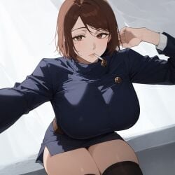 1girls ai_generated ai_hands breasts cigarette cigarette_in_mouth ciggarate female female_only grin human ieiri_shoko jujutsu_kaisen peace_sign shoko shoko_ieiri smoking solo thick_thighs tights uniform