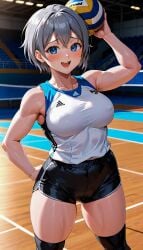 ai_generated female grey_hair light_blue_eyes original_character shiny_skin stable_diffusion thick_thighs volleyball volleyball_uniform voluptuous xceed