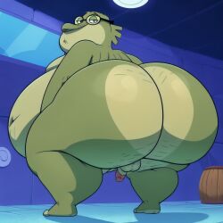 1boy ai_generated anthro ass ass_focus balls belly big_ass bubble_bass fat fat_ass fat_belly fish glasses green_skin huge_ass looking_at_viewer looking_back male male_only matronai_(artist) morbidly_obese morbidly_obese_male nickelodeon obese obese_male overweight overweight_male penis small_penis solo solo_male spongebob_squarepants