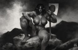 armpits artistic_nude artistic_nudity biceps big_breasts body_hair bush bushy_pubes digital_painting_(artwork) fantasy female female_focus female_only female_orc grayscale grey_background greyscale hairy_pussy holding_weapon justsomenoob large_breasts monochrome muscular muscular_female non-human nonsexual nonsexual_nudity orc orc_female pinup pointed_ears presenting presenting_pussy pubic_hair pubic_stubble pubic_tuft pussy_peek realistic solo solo_female spread_legs toned_female underarm weapon