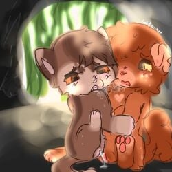 apprentice blush cum cum_on_pussy felid feline felis feral feral_genetalia feral_on_feral incest kitten leafpool_(warriors) lesbian_sex lighting scissoring sobblanket squirrelflight_(warriors) warrior_cats warriors_(cats) watermark yuri