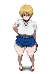 1girls absurdres ai_generated alternate_costume blonde_hair booty_shorts breasts female female_kurapika front_view full_body hi_res high_heels hourglass_figure human hunter hunter_x_hunter kurapika large_breasts light-skinned_female light_skin long_legs perfect_body portrait shirt short_hair shounen_jump slim_waist tall thick_thighs wide_hips