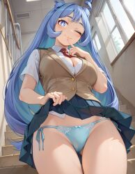 ai_generated big_breasts blush boku_no_hero_academia breasts cameltoe cleavage hadou_nejire hair_drills long_hair looking_at_viewer my_hero_academia nejire_hado panties school school_uniform shushing side-tie_panties skirt_lift thigh_gap winking_at_viewer