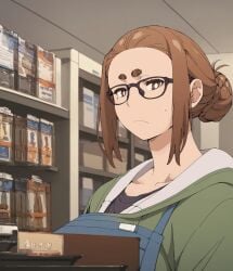 2525252525i_i ai_generated brown_eyes brunette_hair cashier curvaceous curvy_female glasses hair_bun huge_thighs jean_shorts kaii_to_otome_to_kamikakushi light-skinned_female light_skin looking_at_viewer mature_female milf solo_female sumireko_ogawa tank_top thick_body thick_female thick_thighs thighs voluptuous voluptuous_female