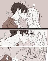 1boy blush brown_theme doromame eye_contact female kissing monochrome nakiri_asahi nakiri_erina siblings sweat wholesome