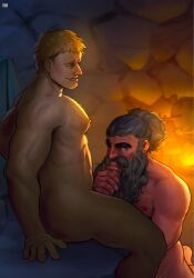2boys bara beard completely_nude dungeon_meshi dwarf facial_hair fellatio from_side hairy highres himbograndy laios_touden long_beard male_focus moustache multiple_boys muscular muscular_male nude oral orcs senshi_(dungeon_meshi) sitting thick_mustache very_long_beard yaoi