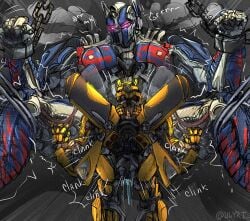 2boys bumblebee_(transformers) chained chains cum cum_inside from_front_position gay gay_sex grunting male male/male nemesis_prime optimus_prime resisting restrained robot small_dom_big_sub smoke transformers transformers_(bayverse) ulyri