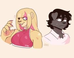 2boys anthro anthrofied black_eyes black_hair blonde_hair bust_portrait canid canine charlie_(loggus_doggus) domestic_dog femboy fur furry girly hi_res lion loggus_doggus long_hair looking_at_viewer male male_only nephie_(loggus_doggus) pantherine purple_eyes purple_highlights sharp_fingernails smiling smiling_at_viewer