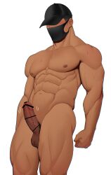 1boy abs arms_at_sides bar_censor bara baseball_cap blush censored completely_nude cowboy_shot dark-skinned_male dark_skin erection hat highres kansuke_(kansuke_717) large_pectorals male_focus mask motion_lines mouth_mask muscular muscular_male navel nipples nude original pectorals penis short_hair shredded_muscles solo solo_male standing thick_thighs thighs twitching_penis undercut